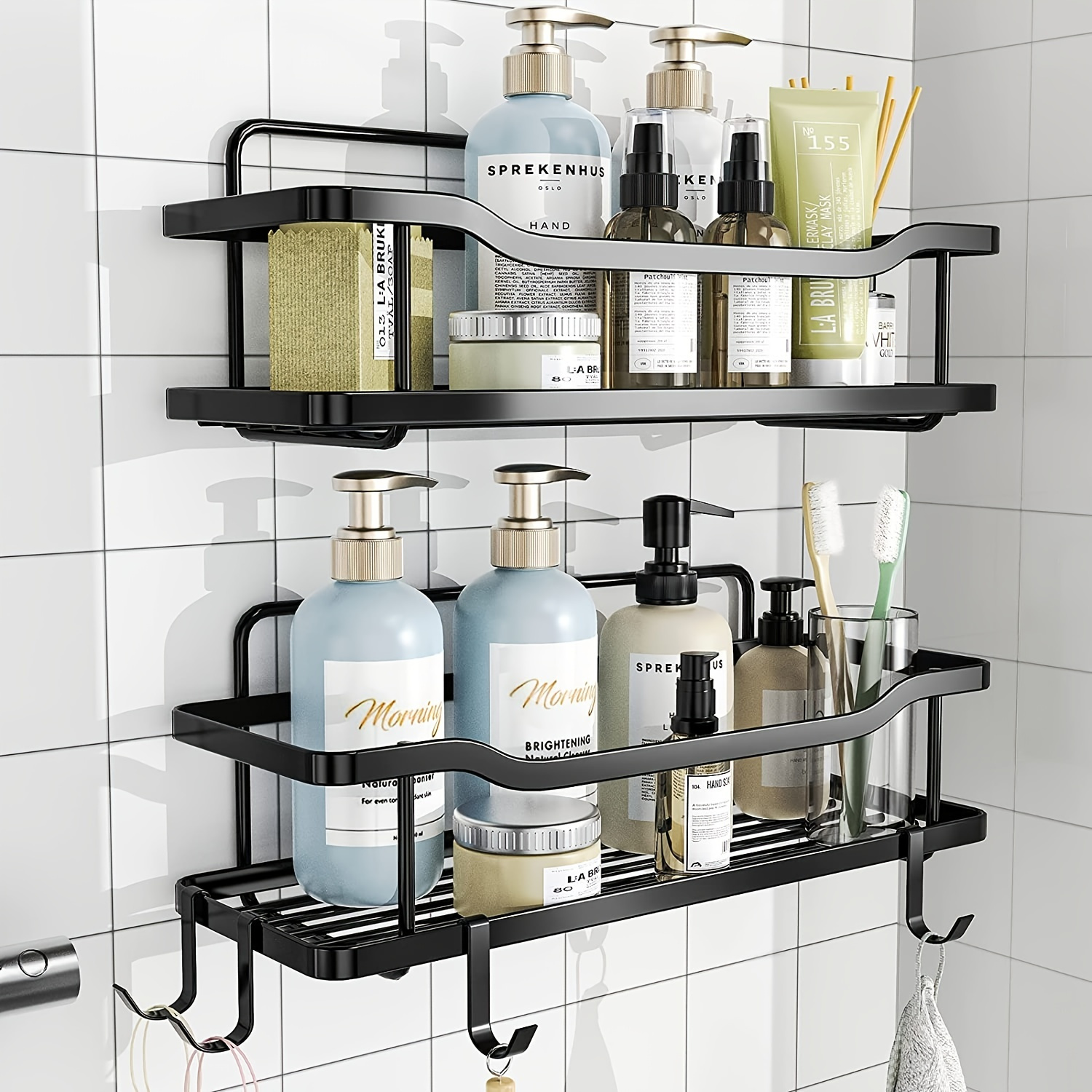 Shower Caddy Bathroom Shelf, No Drilling Traceless Adhesive Bathroom Storage  Organizer, Rustproof Food Storage Basket, 2-in-1 Kitchen Spice Racks (Matte  Black) 