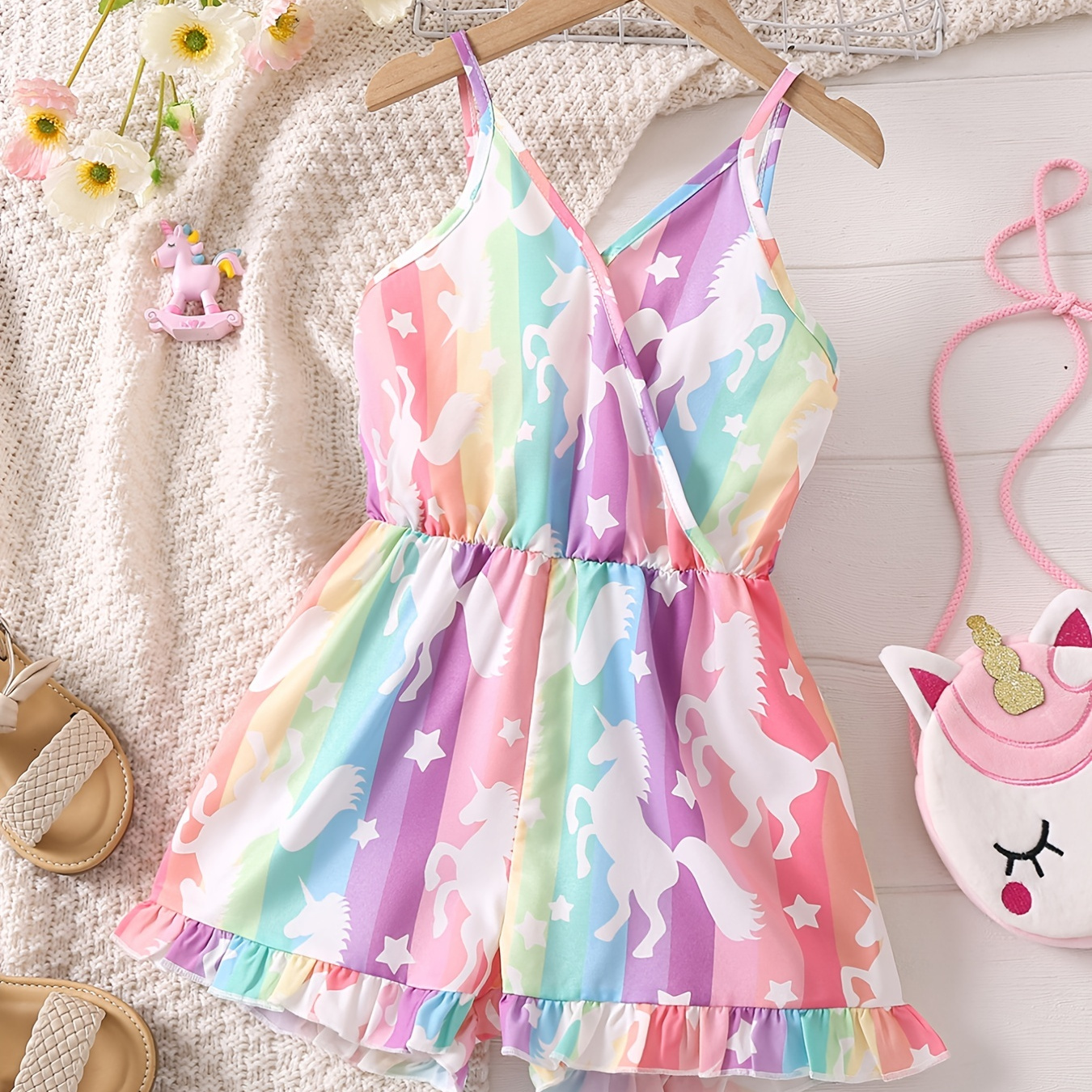 

Girls Rainbow Cartoon Unicorn Cami Romper V-neck Ruffled Hem Jumpsuit Overalls Kids Summer Clothes