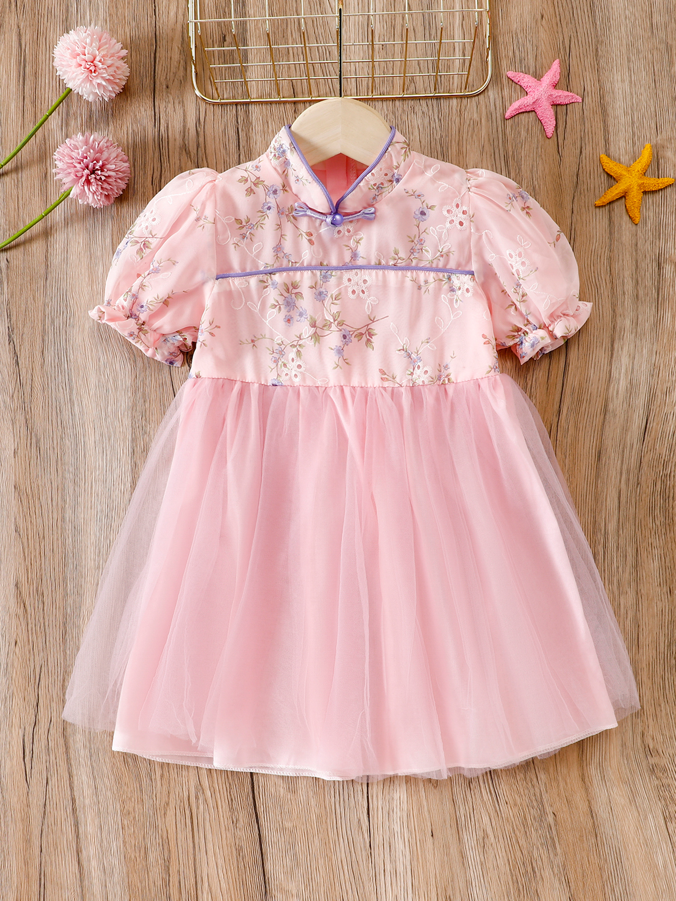 Girls Chinese Hanfu Cheongsam Dress Tang, Plum Embroidery Short Bubble ...