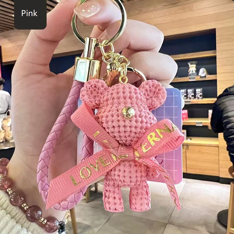 Cute Bear Key Chain Resin Bow Bell Rabbit Keychain Weaving Fashion Doll Bag  Pendant Holiday Car Key Ring For Girls Gift