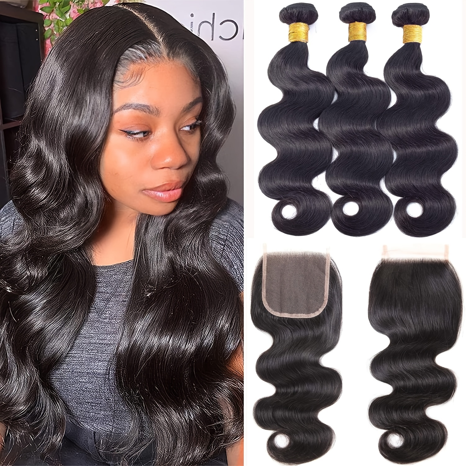 T-zer Brazilian Body Wave Bundles with Closure 100% Unprocessed 7A