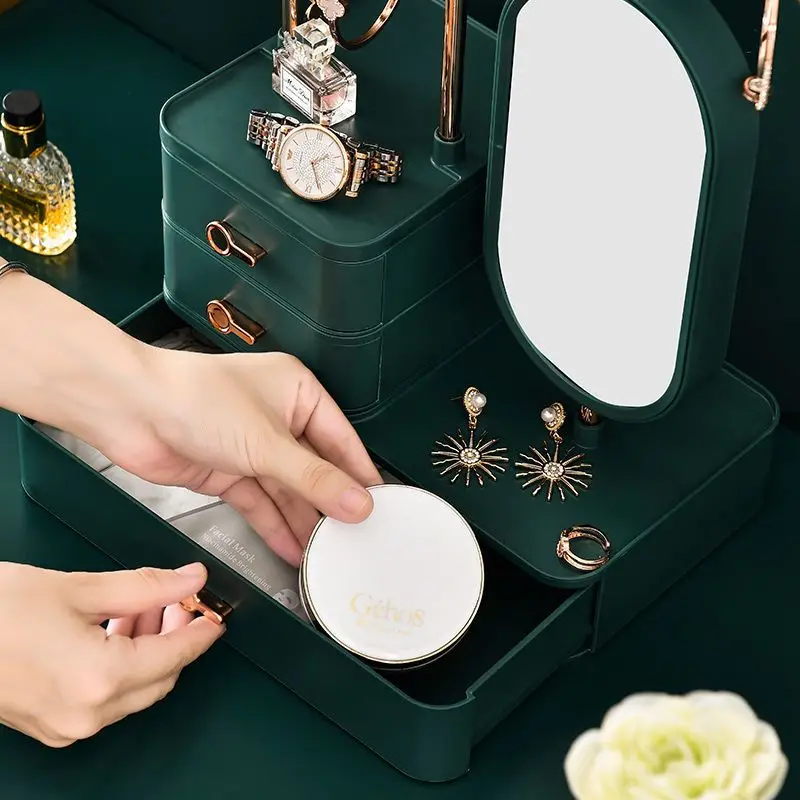 1pc jewelry storage box with mirror earrings necklace cosmetic storage box cosmetic storage display boxes with mini drawer bracket skincare cosmetic display cases for countertop bathroom dresser details 6