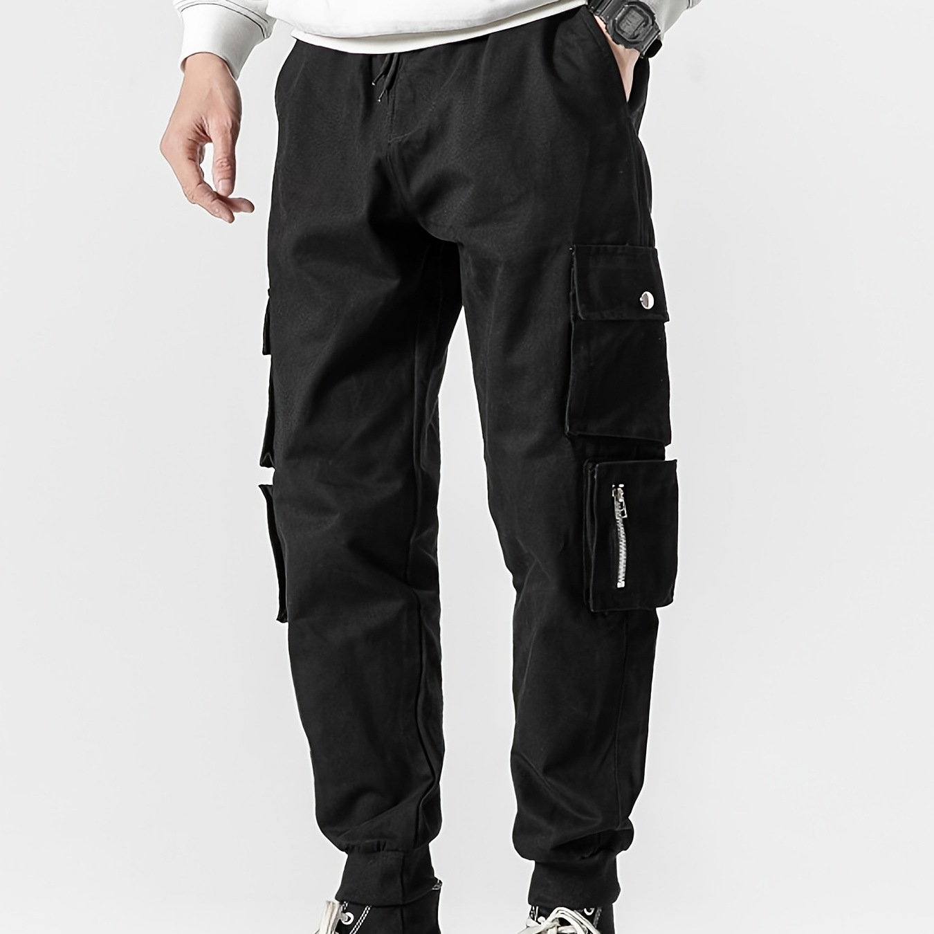 Men's Black Cargo Pants Casual Stylish Cotton Jogger Pants With Flap ...