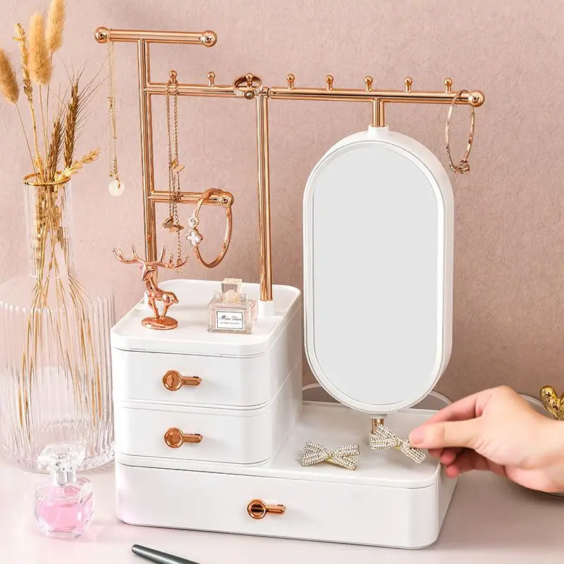 1pc jewelry storage box with mirror earrings necklace cosmetic storage box cosmetic storage display boxes with mini drawer bracket skincare cosmetic display cases for countertop bathroom dresser details 9