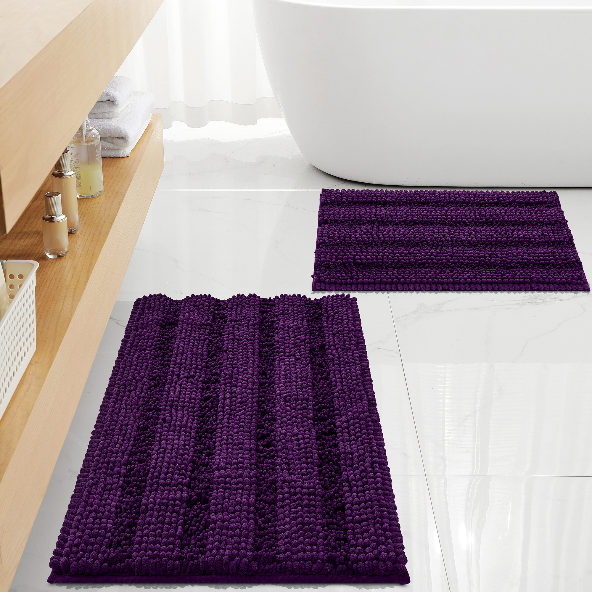 MAYSHINE Bathroom Rug Toilet Sets and Shaggy Non Slip Machine Washable Soft Microfiber Bath Contour Mat (Plum, 32x20 / 20x20 Inches U-Shaped), Purple
