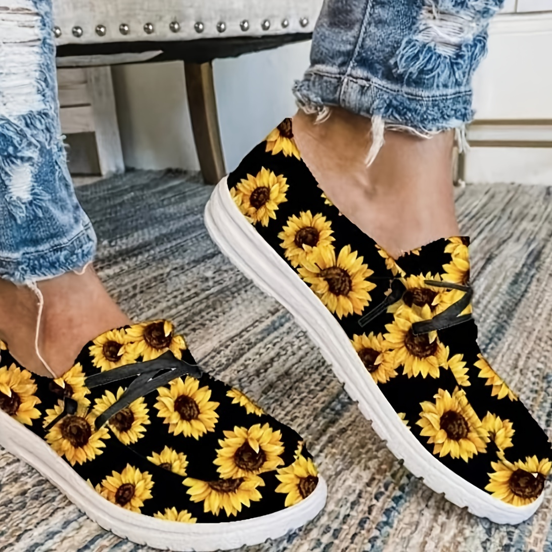 Women's Sunflower Print Canvas Shoes, Casual Lace Up Outdoor Shoes ...