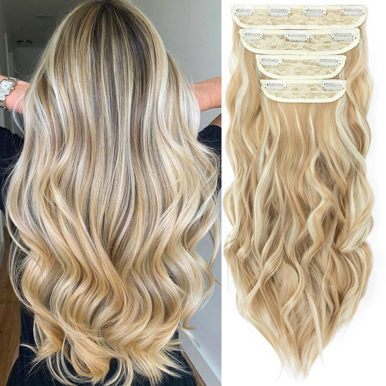 Image of 4 Pieces Set Clip In Hair Extensions Highlight Wavy Curly Long Synthetic Hairpieces For Women 22 Inch 180g Hair Clips Hair Accessories Halloween Christmas
