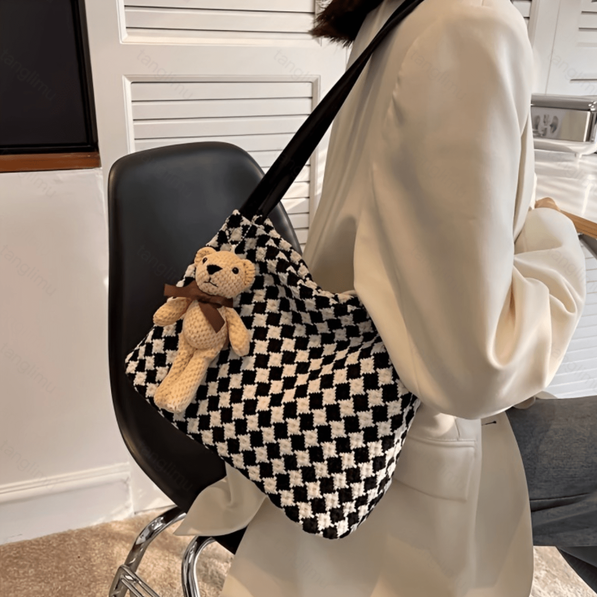 Plaid Pattern Fabric Shoulder Bag, Women's Bear Decor Tote Bag, Large  Capacity Handbag For Work - Temu