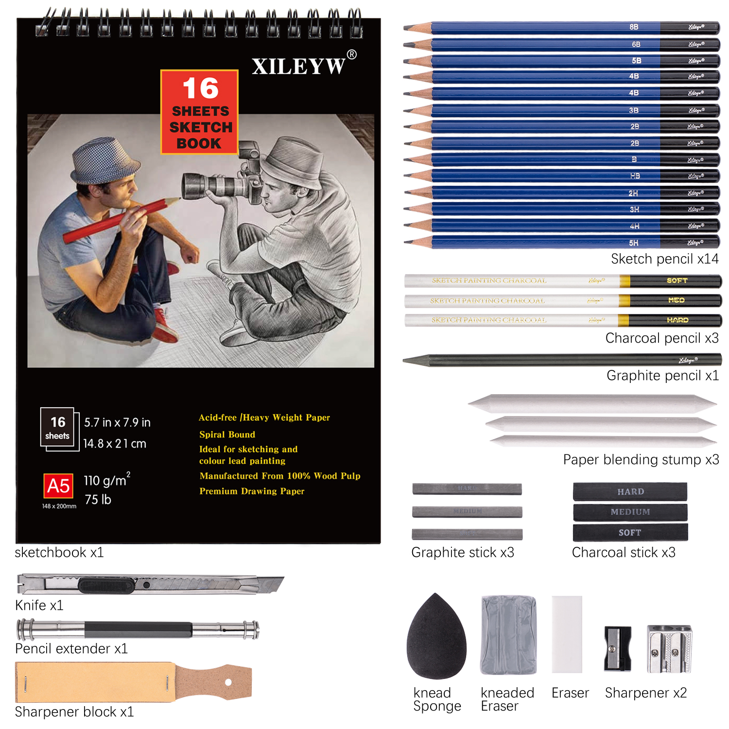 Premium 12/14/37pcs Graphite Drawing Pencils Sketch Set Kit 4H-12B