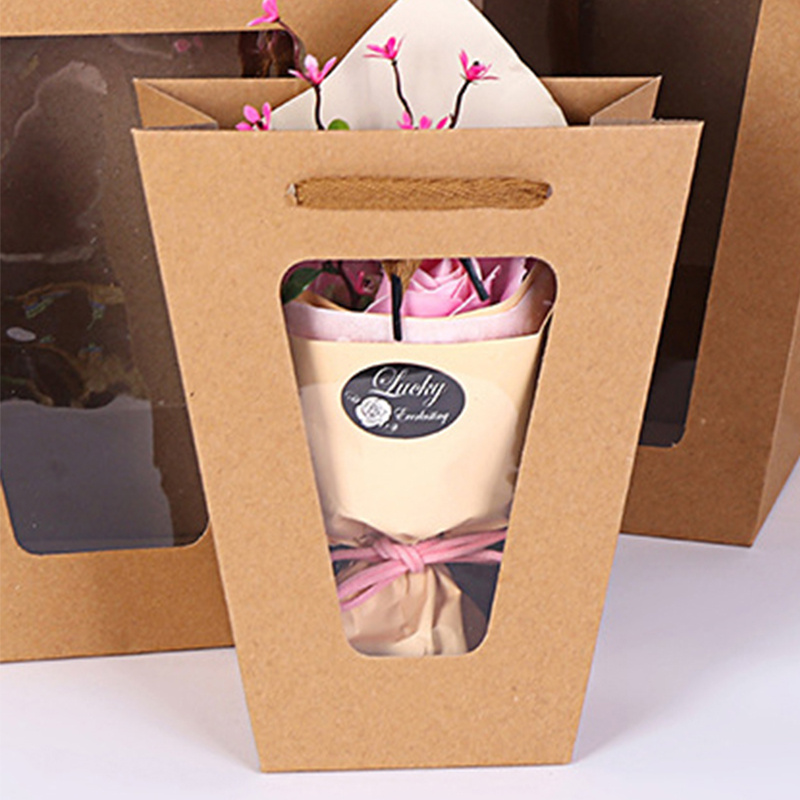 Gift Wrapping Paper Bag With Transparent Window Flowers Packaging