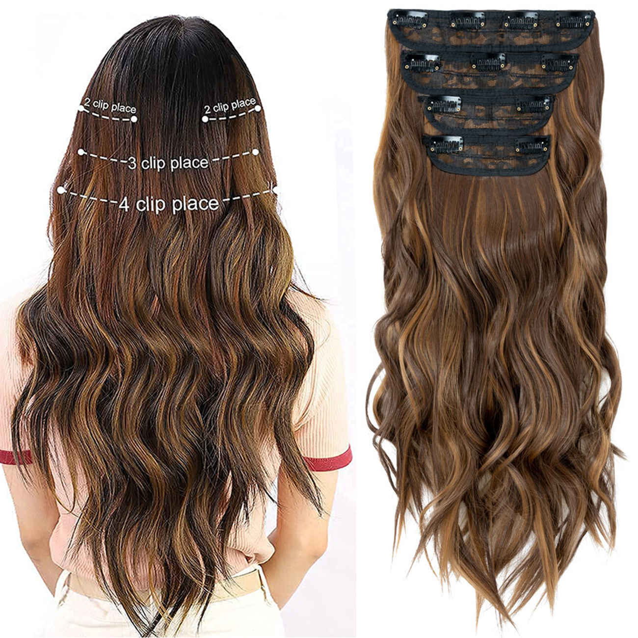 set of 4 clip in hair extensions with highlights wavy and curly 22 inches long 180g synthetic hairpieces for   for halloween and christmas hair accessories details 0
