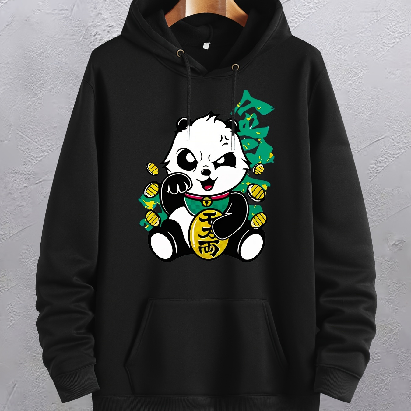 

Men's Plus Size Cartoon Panda Print Warm Fleece Hoodie Oversized Plain Color Drawstring Pocket Hooded Sweatshirt Thick Thermal Tops For Spring Autumn Winter, Loose Clothing For Big And Tall Guys