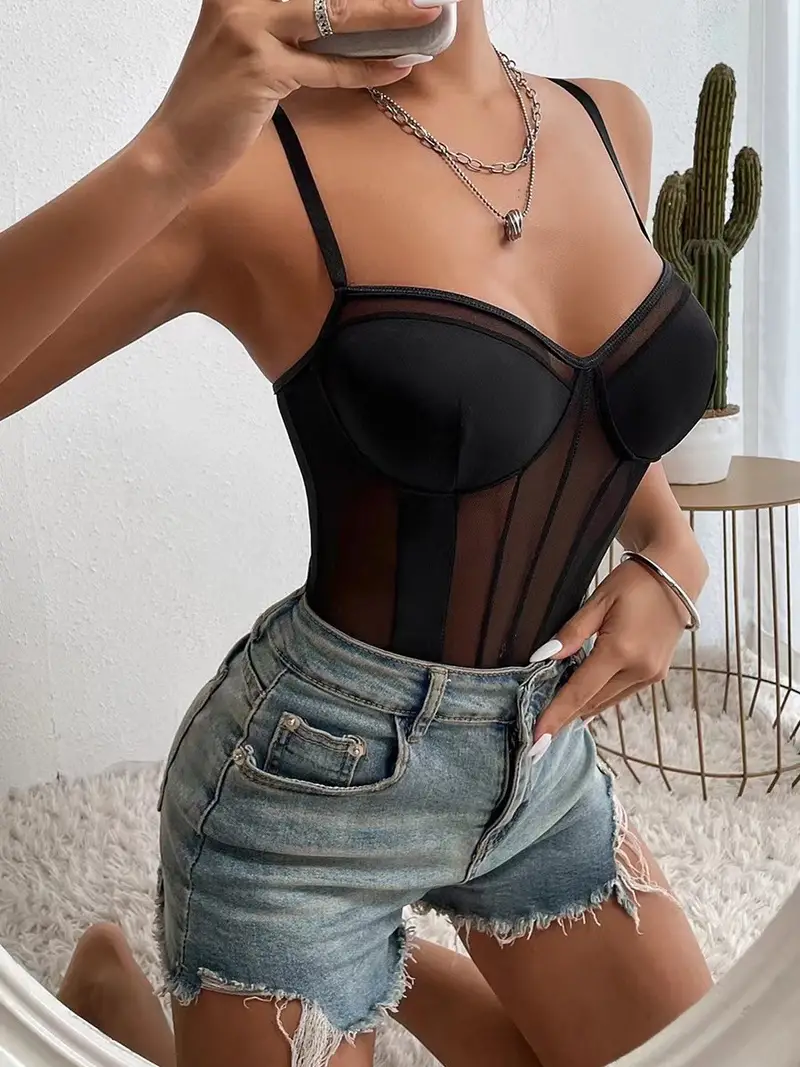 womens sexy solid see through mesh thin straps backless jumpsuit semi sheer slight stretch thong bodysuit womens underwear lingerie details 5