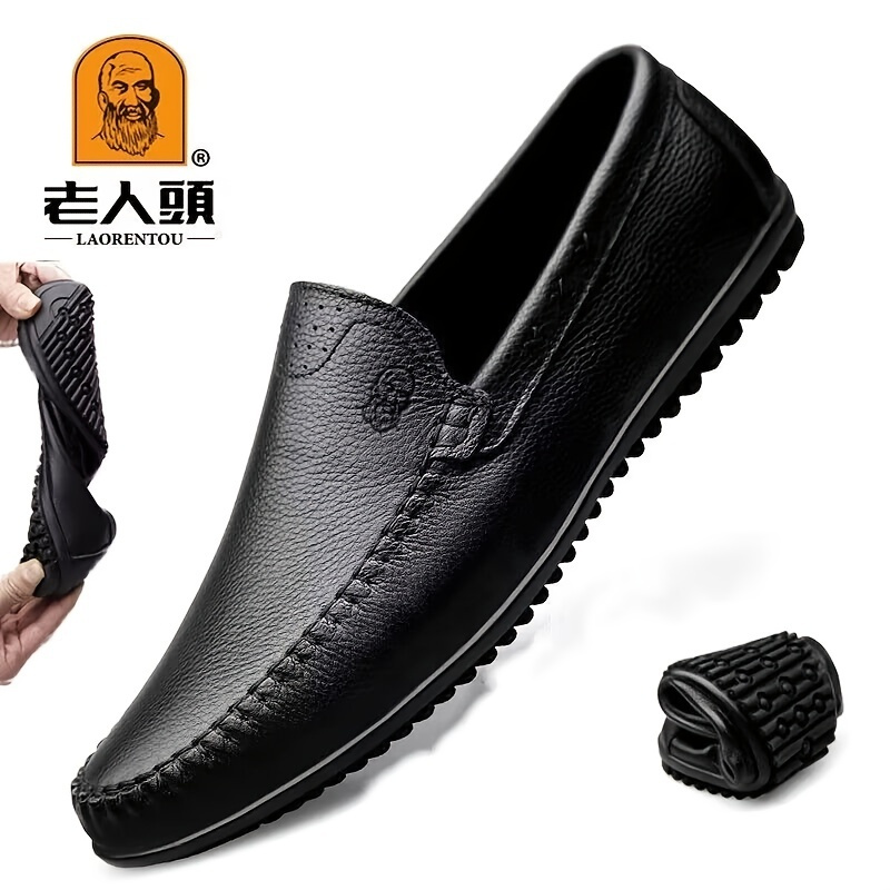 LAORENTOU Men's Genuine Leather Soft Comfortable Plain Color Wear-resistant Anti-skid Breathable Casual Shoes For Walking Driving