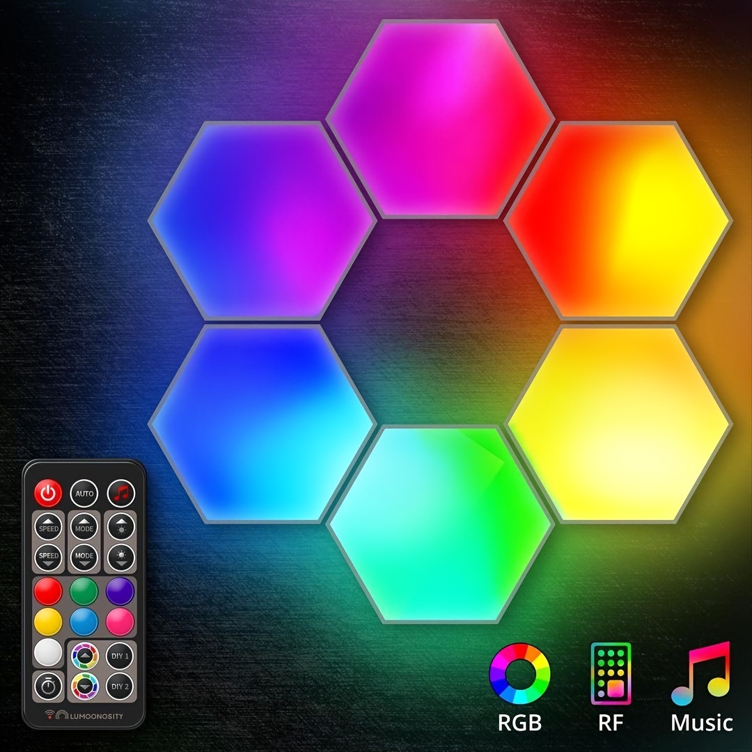 6 packs, Smart RGB Hexagon LED Wall Lights with Sound Remote Control -  Modular Panels for DIY Geometry Splicing and Sync with Music - Perfect for  Nigh