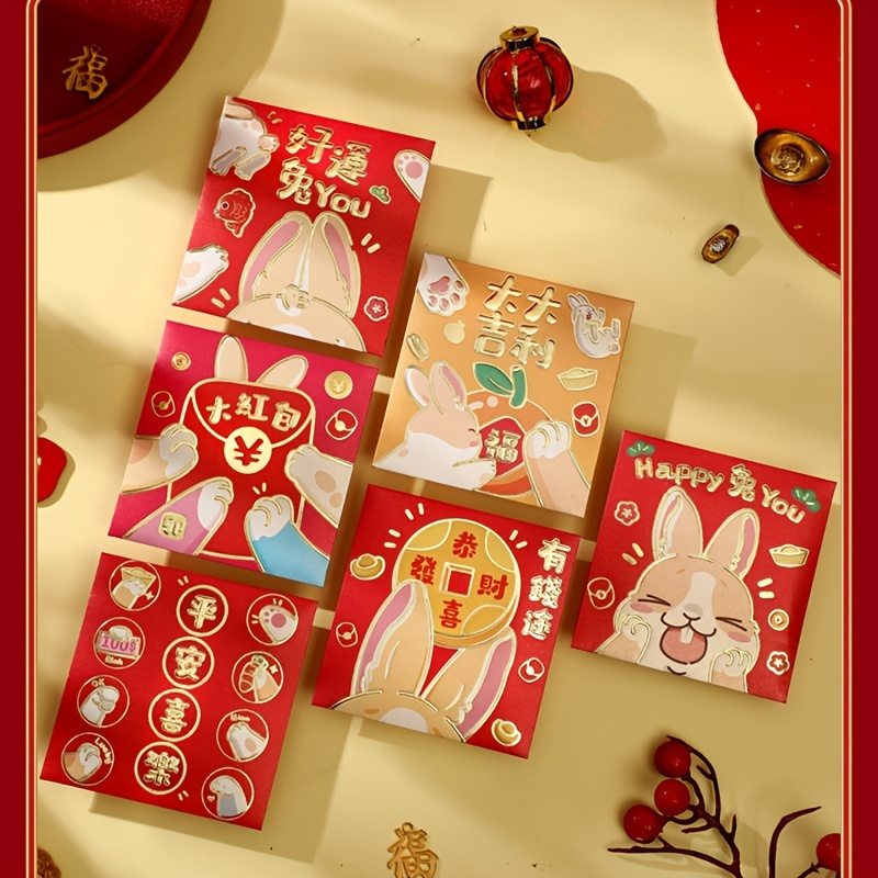 OPOLSKI 6Pcs Rabbit Red Packet Jubilant Cartoon Traditional 3D Relief  Stamped Cute Bunny Print Red Envelopes for New Year