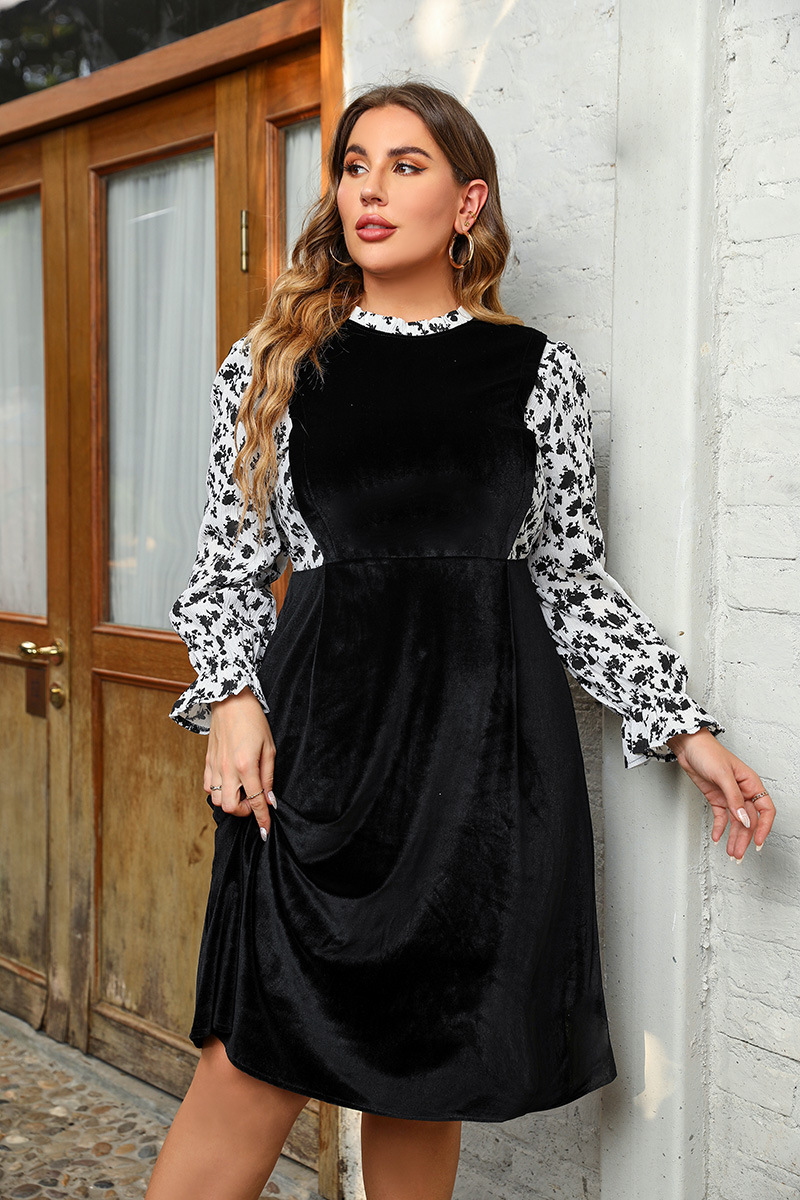 Plus Size Velvet Colorblock Floral Print Long Sleeve Dress Temu