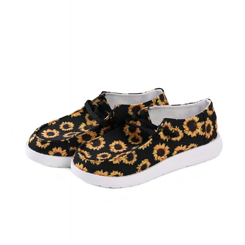 Women's Sunflower Print Canvas Shoes, Lace-up Round Toe Slip On Loafers, Casual Low Top Shoes