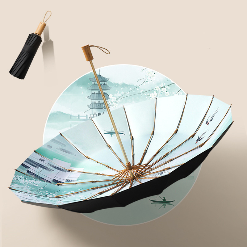 16 Bones Foldable Wood Handle Umbrella