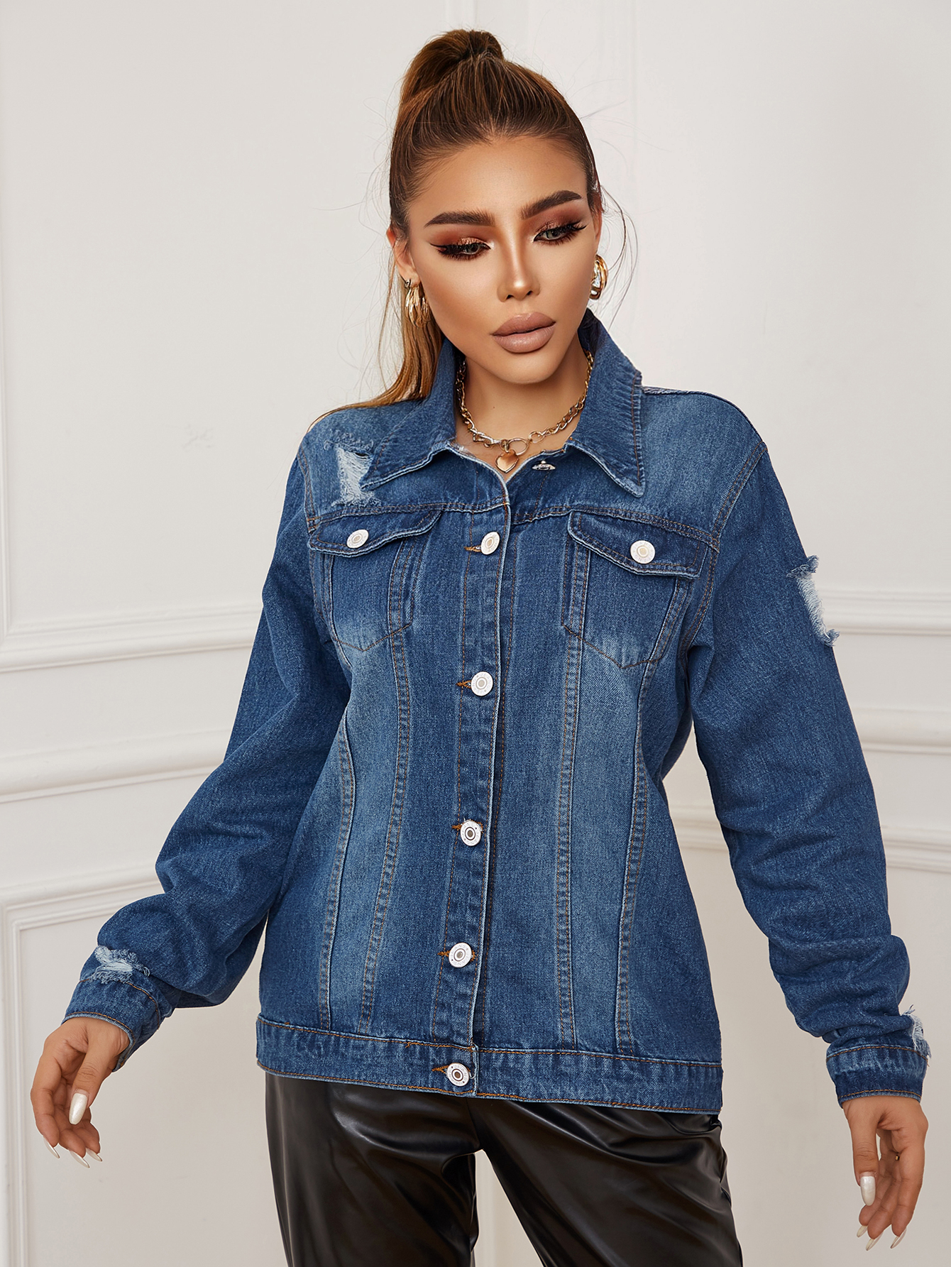 Women's Black Collared Distressed Buttoned Denim Jacket - Temu