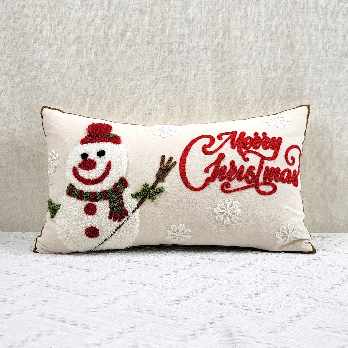 A Single Cotton Canvas Christmas Snowman Towel Embroidered Cushion Cover