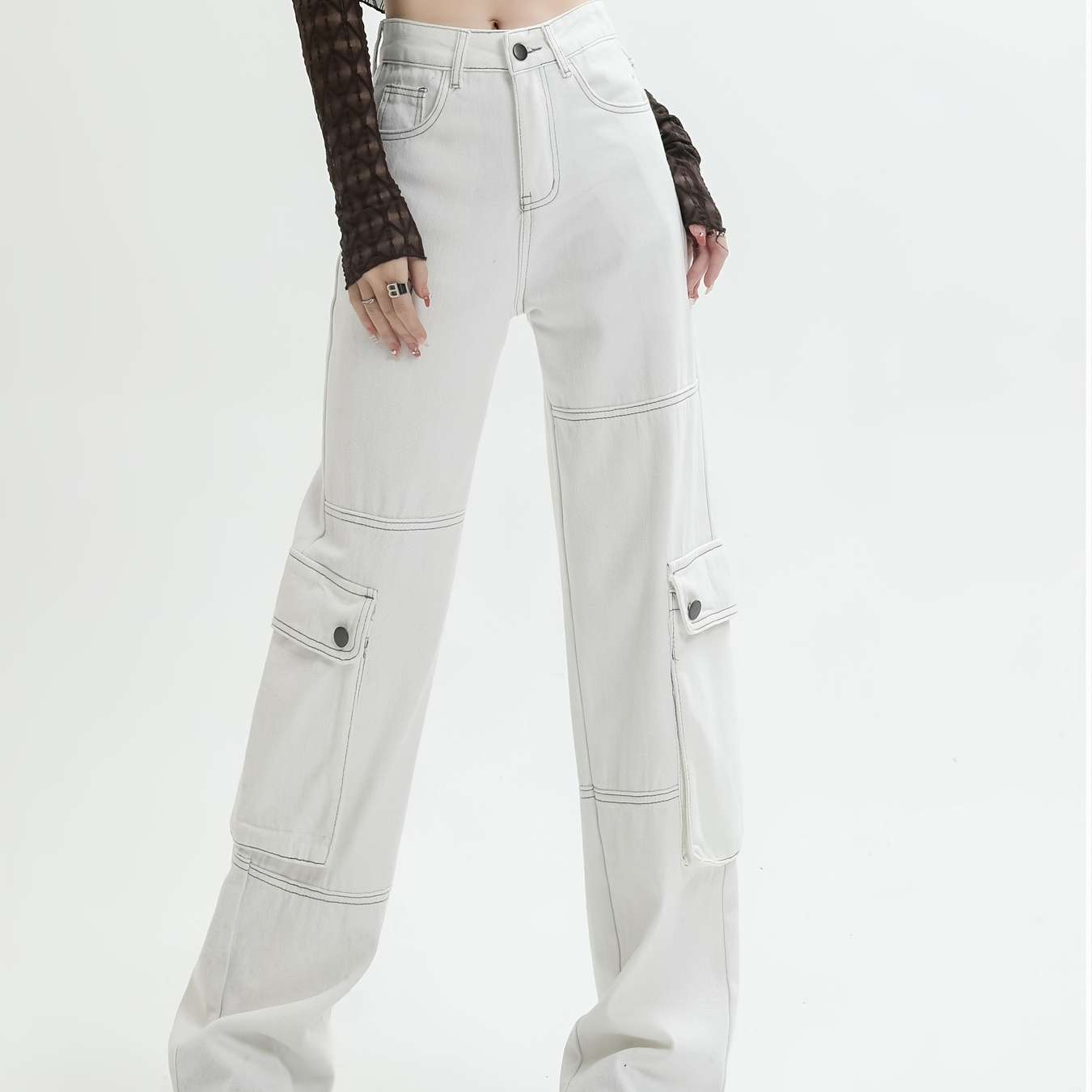 Long Loose Fit White Cargo Pants High Rise Expanded Pockets - Temu