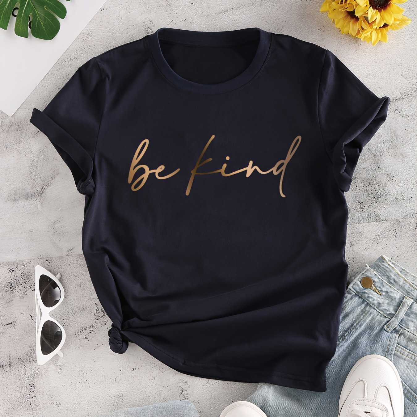 

T-shirt à col rond imprimé lettre pour femmes, T-shirt décontracté à manches courtes, Tops décontractés de tous les jours, Vêtements pour femmes