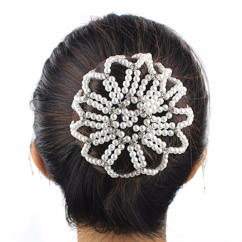 

Fashion Lady Elastic Hair Net Handmade Crochet Faux Pearl Rhinestone Hair Snood Net Ballet Bun Hair Covers Ornament Hair Accessories