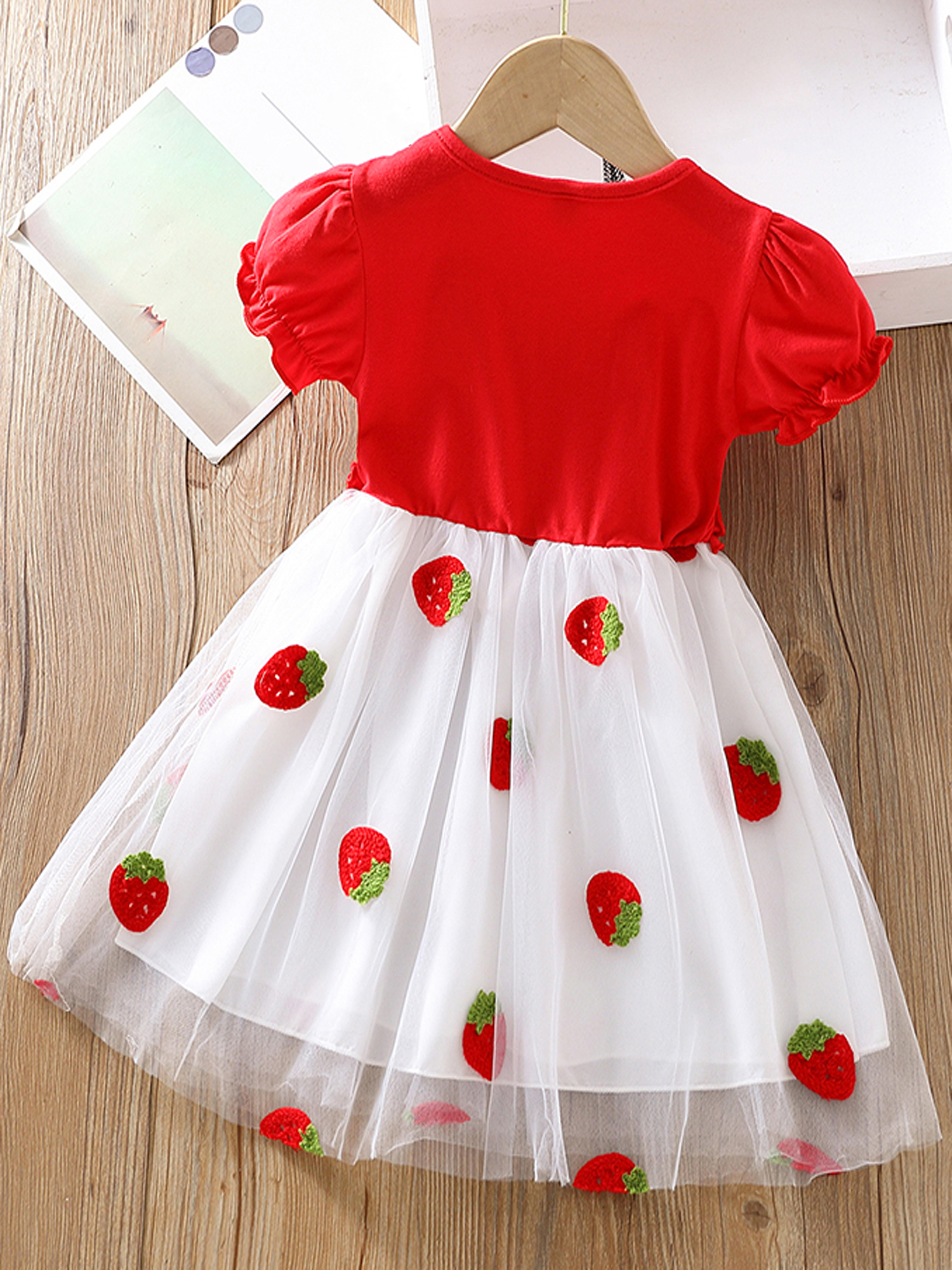 Toddler Girls Puff Sleeve Frill Trim Strawberry Embroidery Mesh ...