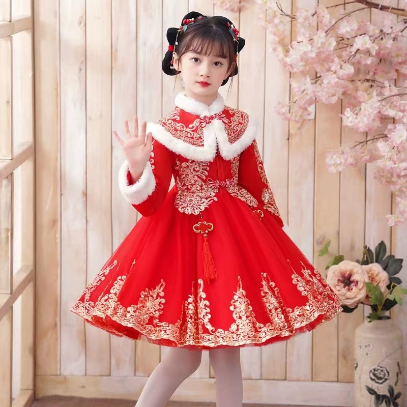 Girls Chinese * Red Hanfu New Year's Tang, Sequin Embroidery Chinese Knot Decor Thick Warm Winter Shawl Splicing Dress, Spring Festival New Year Christmas Clothes (Chinese Size, Please Check The Size 