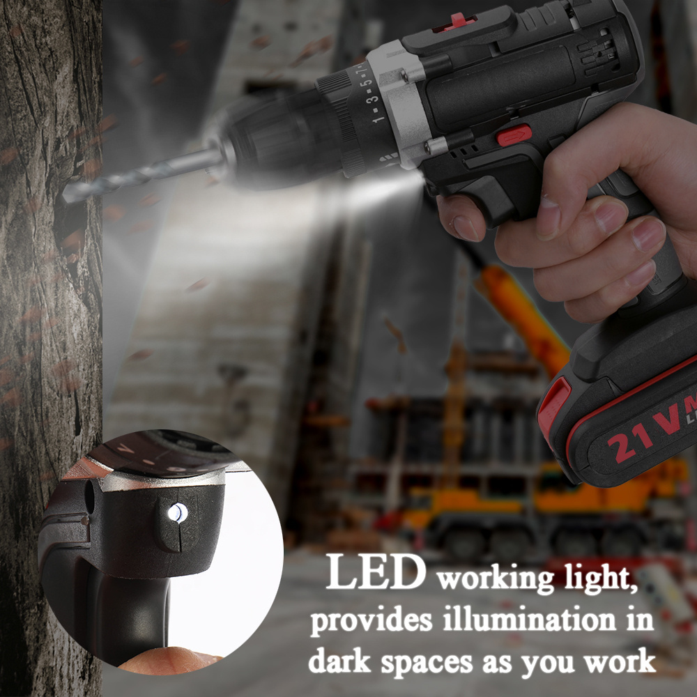 21v Electric Impact Cordless Drill High Power Lithium Battery Wireless Rechargeable Hand Drill