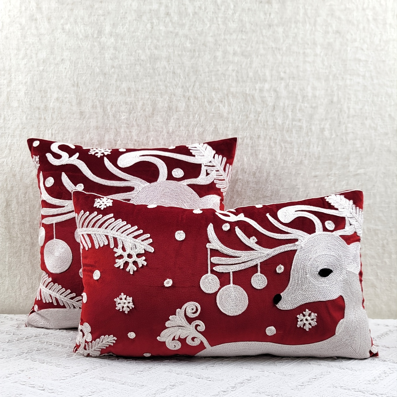 Handmade Christmas Pillow Cover in Hand Felted Wool - Red Reindeer on Gray  - 12x24 - Pillow Cover in 2023