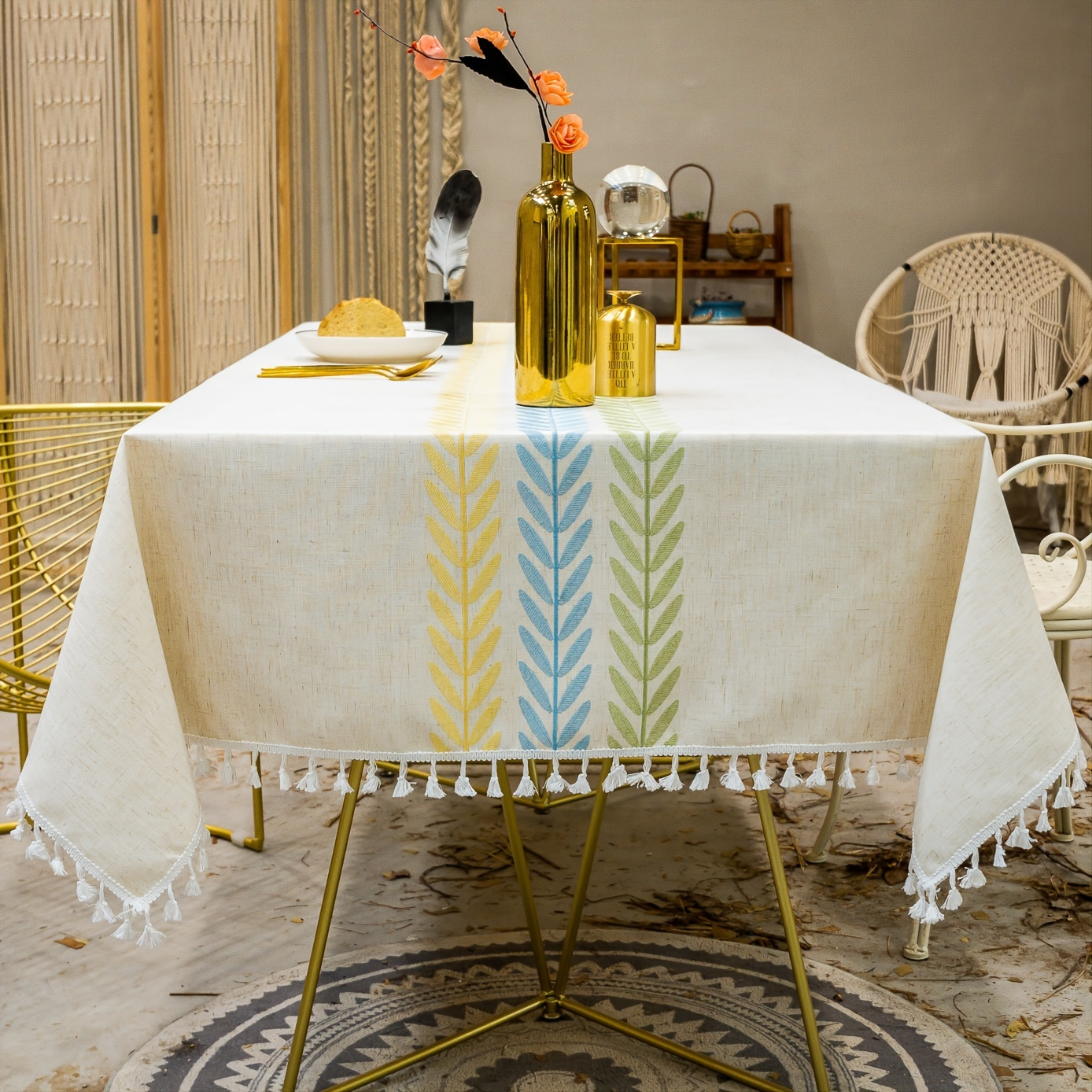 Embroidered Linen Table Cloth With Tassel Kitchen Dinner - Temu