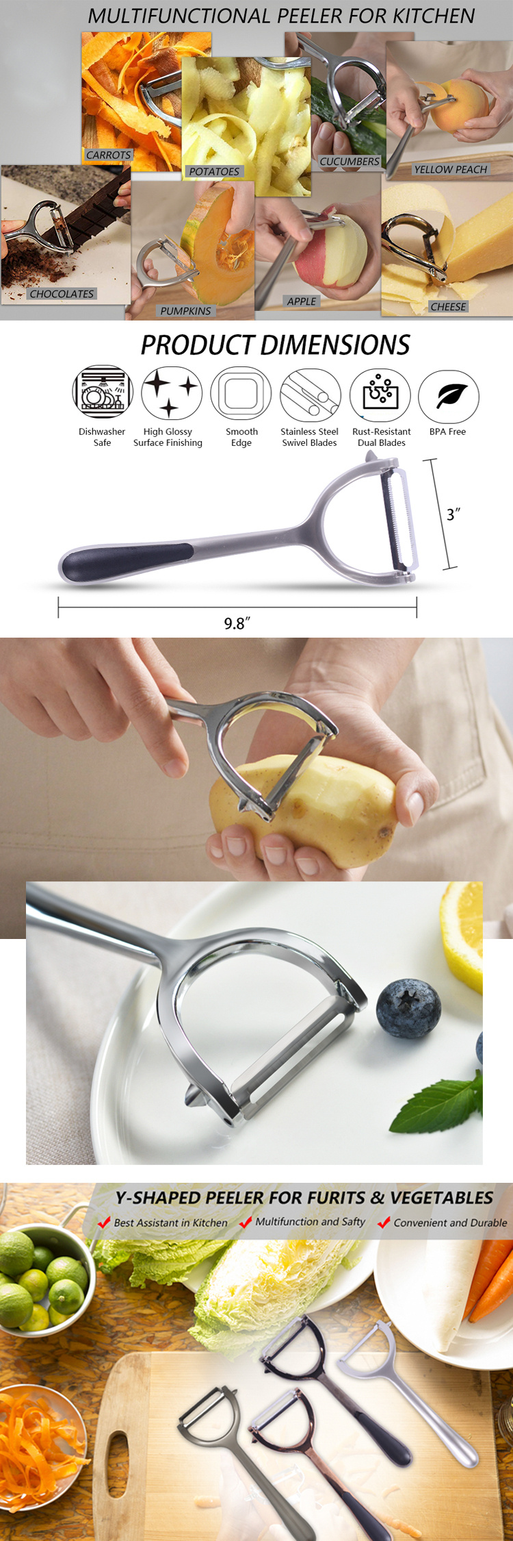 1pc Vegetable Peeler,Potato Peelers for Kitchen,Y-Shaped Stainless