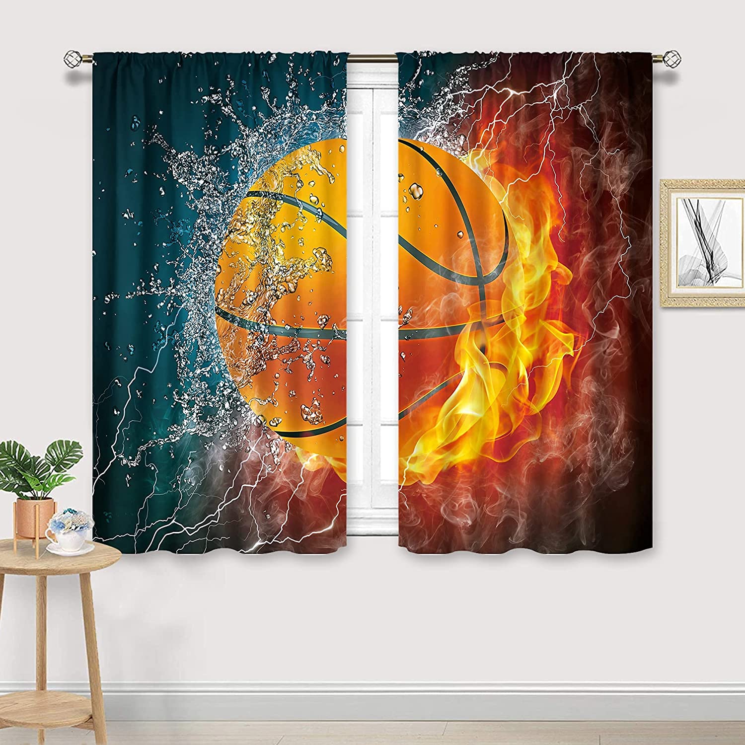 Coleção Sports Decor Futebol em chamas de fogo e água espirrando trovão  relâmpago abstrato impressão Cortinas para cortinas para sala de estar 2  painéis 1,40 x 1,60 m/Casal