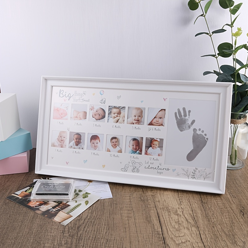 Newborn Commemorative 12-month Baby Growth Photo Frame, Hand And Foot Print Photo Frame On Table, Classic Creative Simple Baby Memorial Photo Frame, 38*21cm/14.96*8.26''