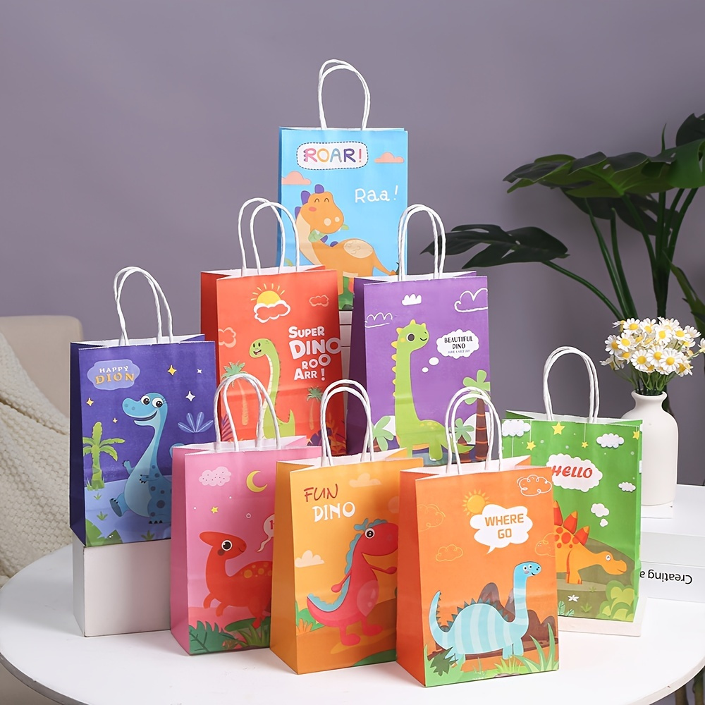 

8pcs Kraft Paper Cute Dinosaur Gift Bags With Handle, Birthday Gift Bags For Boys, Girls, Women And Men Birthdays Party