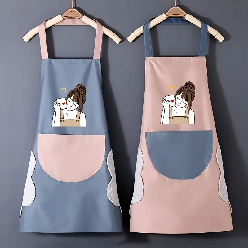waterproof and oil proof cartoon girl print apron new kitchen home cooking transparent waist overalls details 1