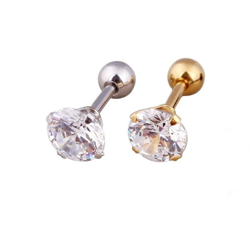 Men's Stainless Steel Earrings With Korean Crystal Zirconia, Universal 4-prong Titanium Steel Golden Threaded Ear Bone Studs