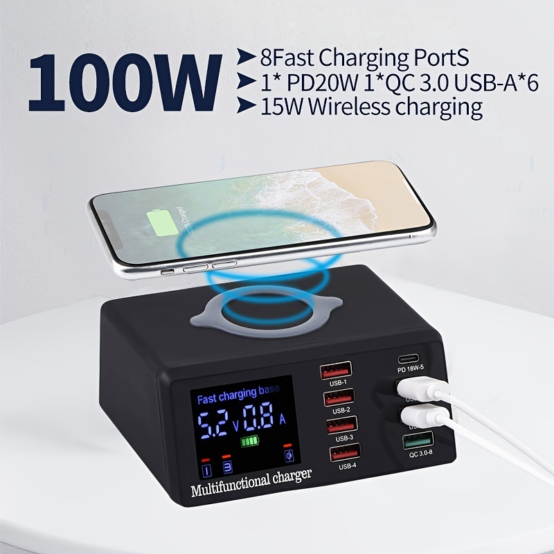 100 W 8-port USB Fast Charger PD 20 W QC 3.0,15 W Fast Wireless Charging,Fast Charging Station Compatible With All Smartphones And For IPad, Camera ,headsets/ For Samsung/Android/Other USB Devices