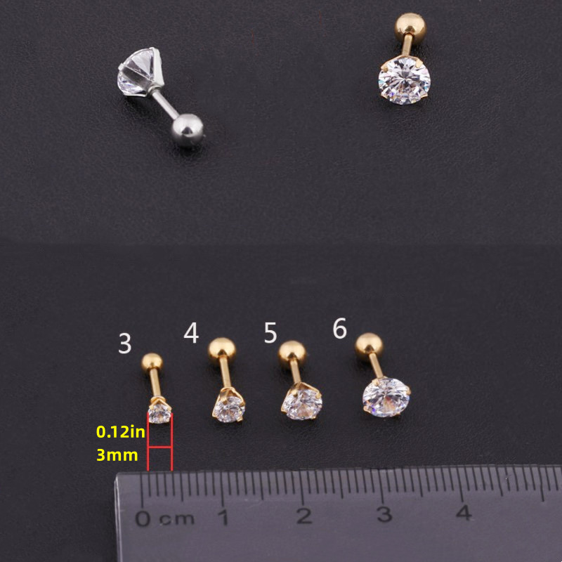 Men's Stainless Steel Earrings With Korean Crystal Zirconia, Universal 4-prong Titanium Steel Golden Threaded Ear Bone Studs