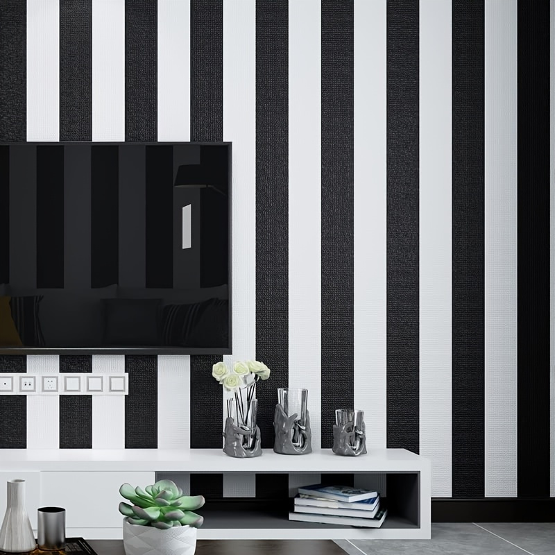 1pc Black And White Stripes Self-Adhesive Removable Waterproof Wallpaper, Peel And Stick, Wallpaper For Room Backdrop, Furniture Appliance Refurbishment, Home Improvement