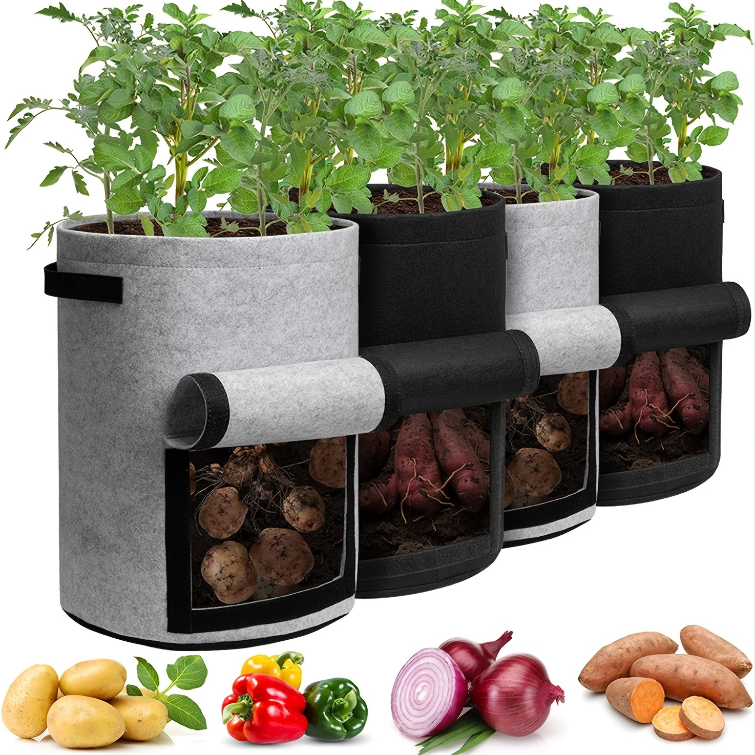 

1pc Potato Grow Bags With Flap 7/10 Gallons, Planter Pot With Handles And Harvest Window For Potato Tomato And Vegetables, Black/gray