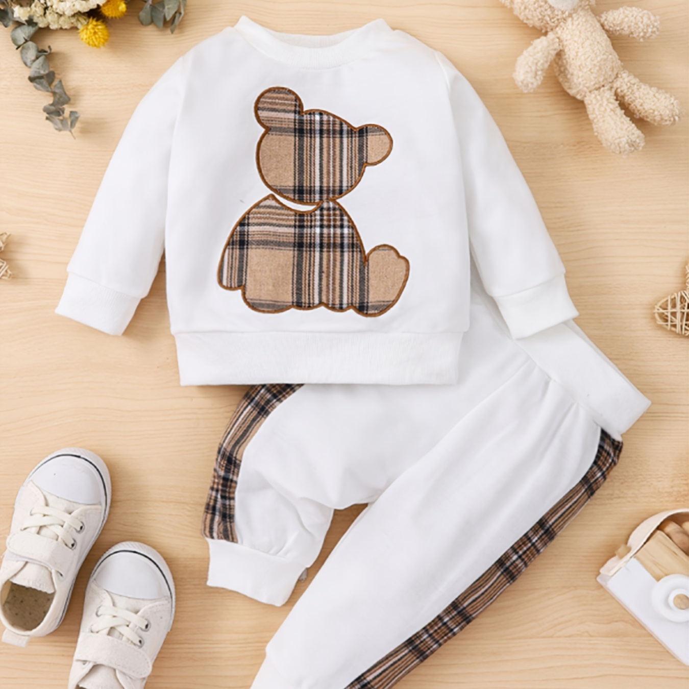 

2pcs Toddler Baby Pullover Round Neck Long Sleeve Bear Embroidery Sweatshirt & Splicing Pant For Girls And Boys Kids Clothes