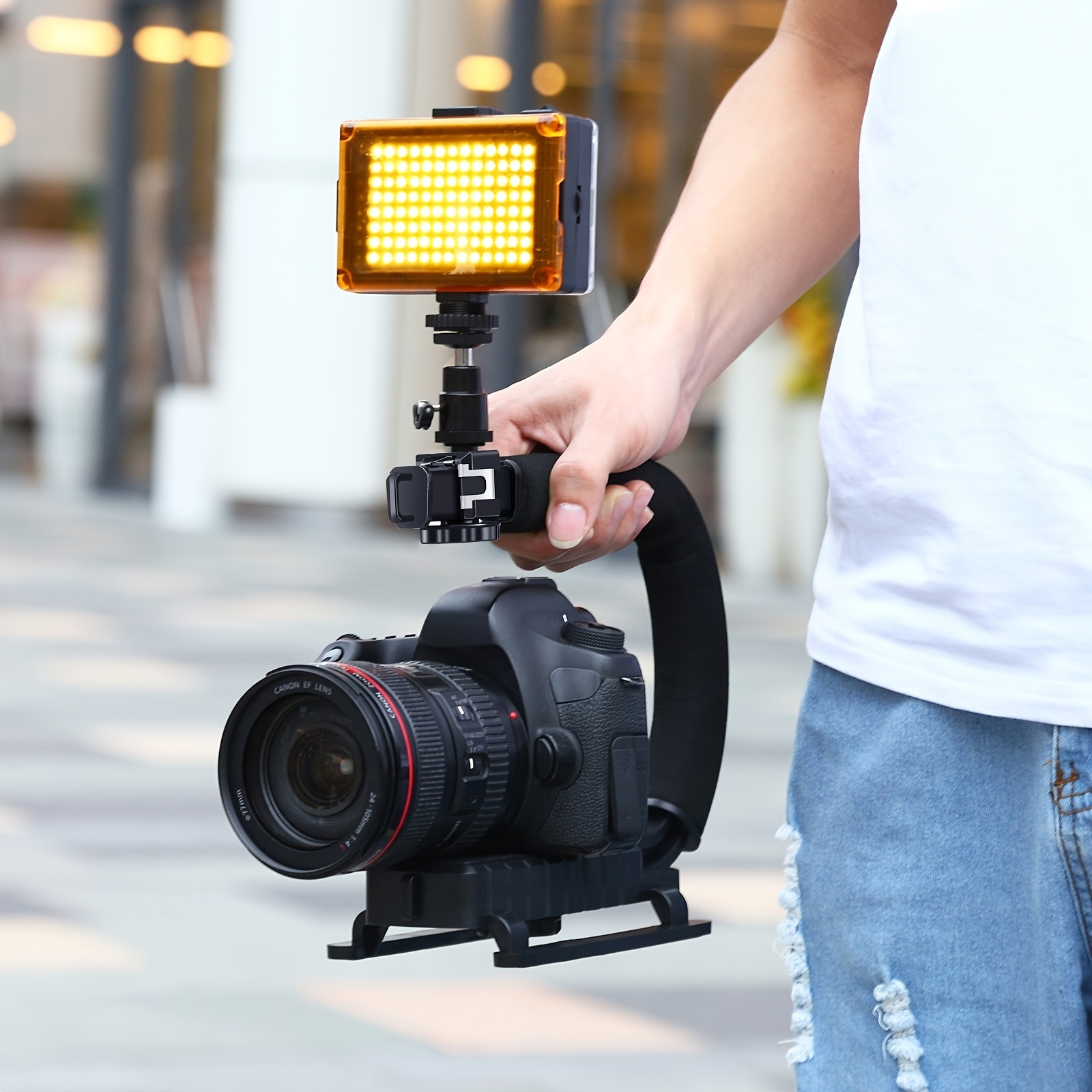 Estabilizador de cámara de video portátil, soporte portátil en forma de U  con micrófono de luz LED, evita temblores al disparar, para cámara SLR