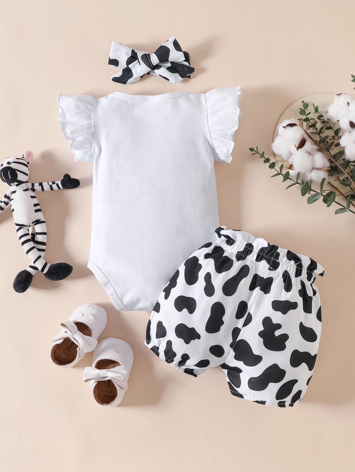  Cow Print Baby Girl Summer Shorts Outfit Ruffle Sleeve Ribbed  Top Button Romper Solid Color Bodysuit Headband Set (B#02#White, 0-3  Months): Clothing, Shoes & Jewelry