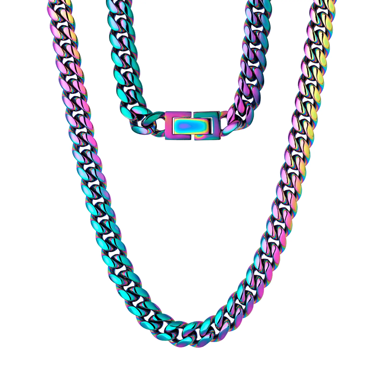 Colorful Cuban Link Chain Enamel Necklace Bracelet Set Hip Hop