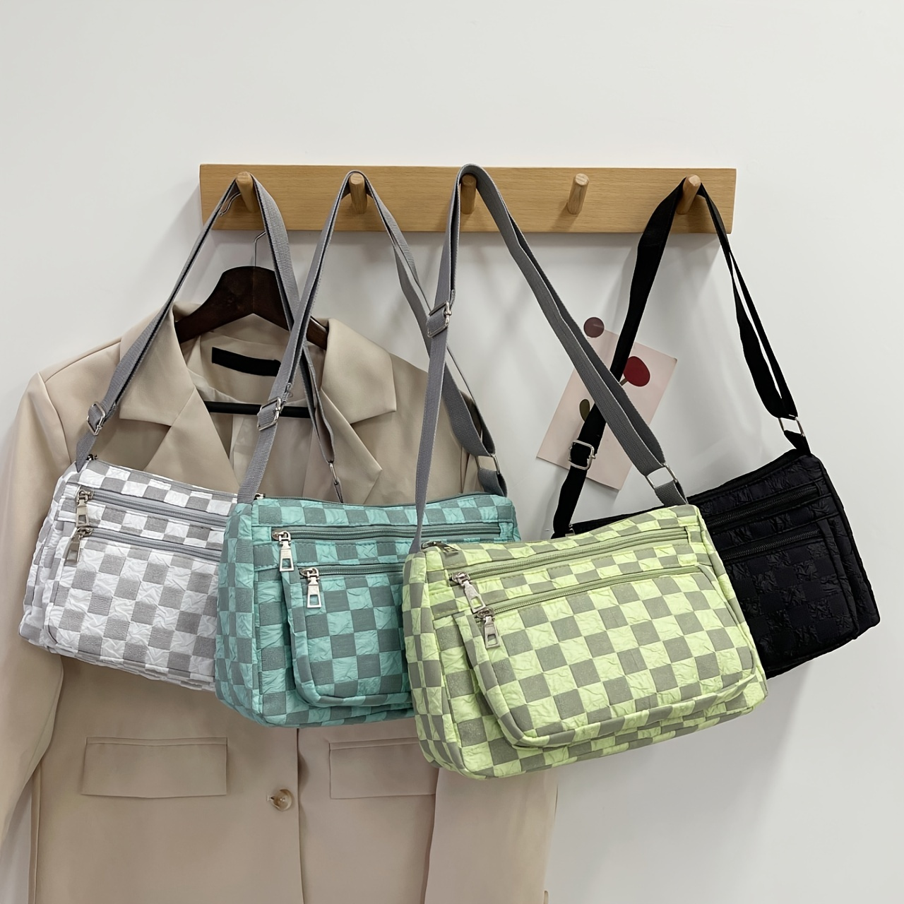 Checkerboard Pattern Nylon Shoulder Bag, Women's Trendy Crossbody Purse ...