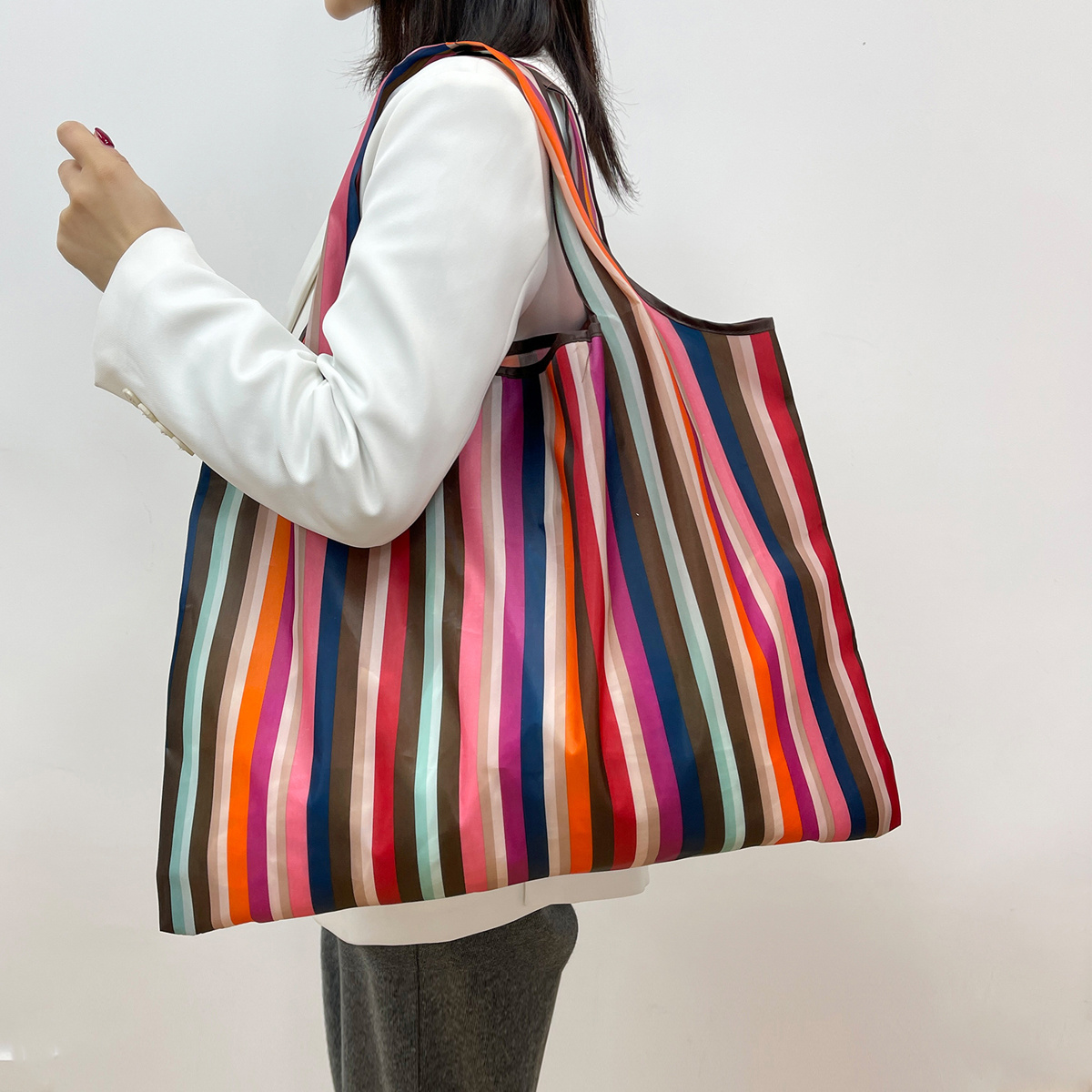 Rainbow Striped Large Capacity Shopping Tote Bag, Nylon Foldable