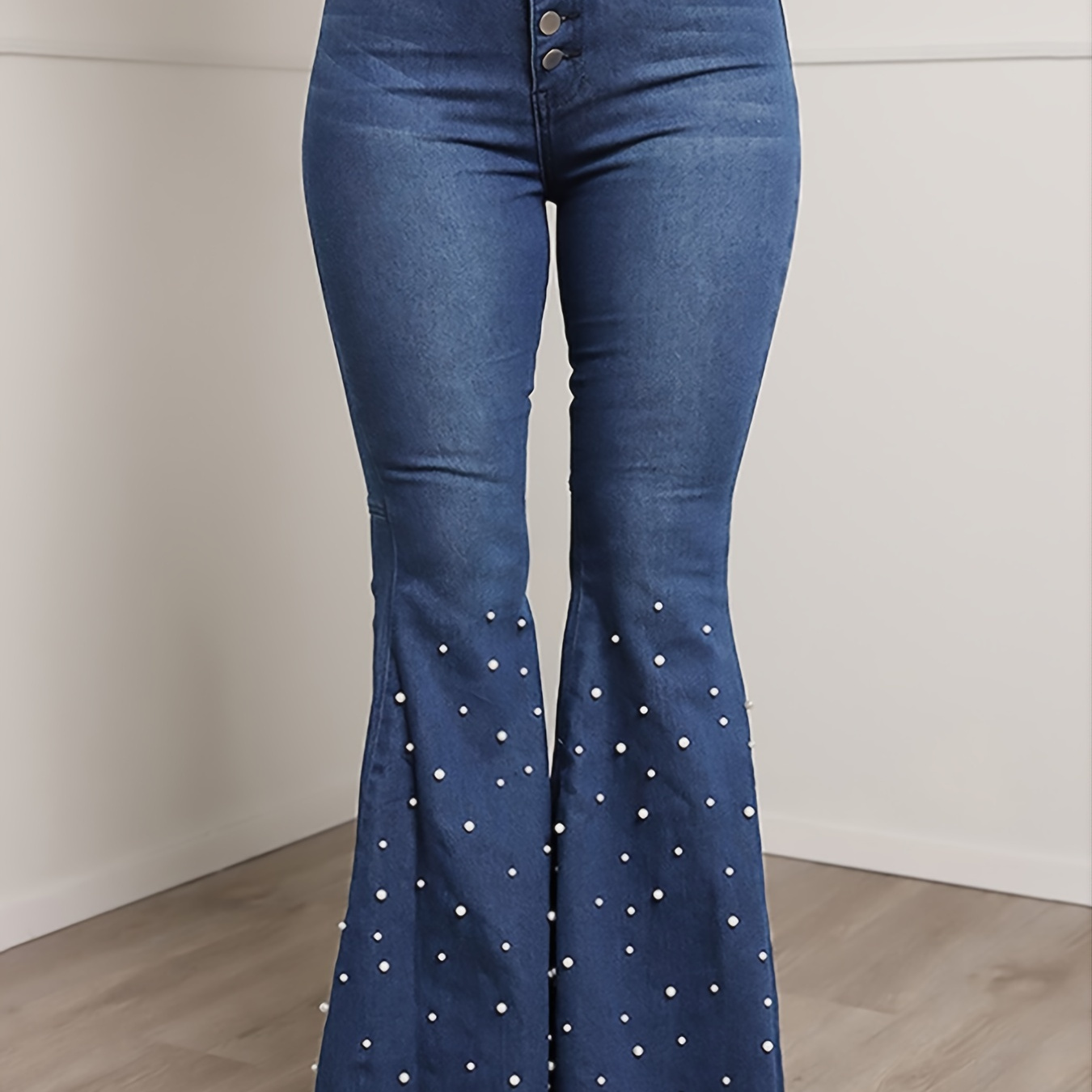 Sleek Two-Button High Waist Spandex Flared Denim Pants